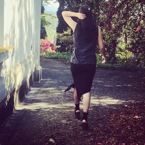 Asymmetric Designer Cotton Knit Slit Pencil Skirt